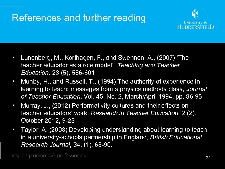 References and further reading • Lunenberg, M. , Korthagen, F. , and Swennen, A.