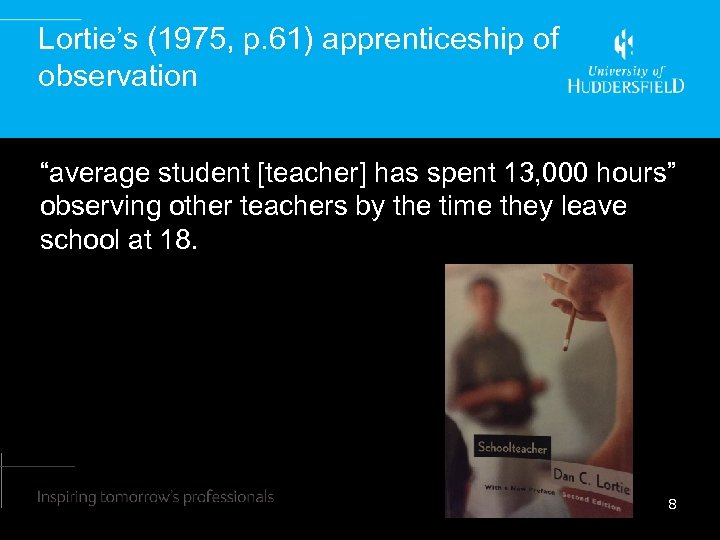 Lortie’s (1975, p. 61) apprenticeship of observation “average student [teacher] has spent 13, 000