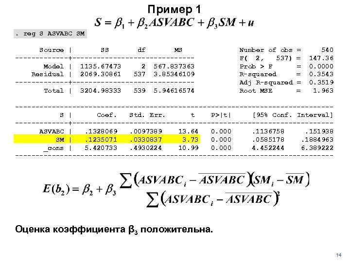 Пример 1. reg S ASVABC SM Source | SS df MS -------+---------------Model | 1135.
