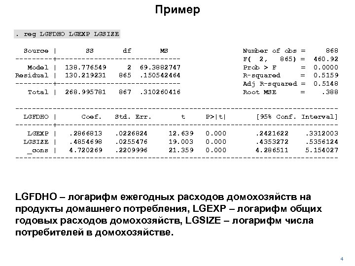 Пример. reg LGFDHO LGEXP LGSIZE Source | SS df MS -----+---------------Model | 138. 776549