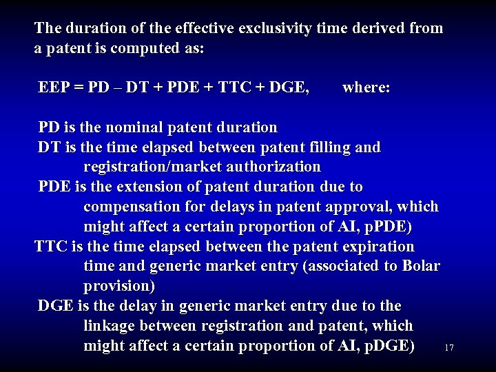 The duration of the effective exclusivity time derived from a patent is computed as: