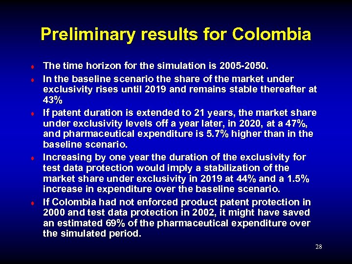 Preliminary results for Colombia ¨ ¨ ¨ The time horizon for the simulation is