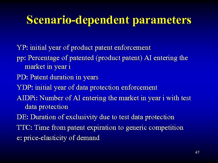 Scenario-dependent parameters YP: initial year of product patent enforcement pp: Percentage of patented (product