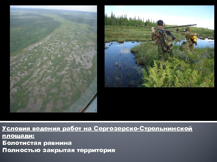 Условия ведения работ на Сергозерско-Стрельнинской площади: Болотистая равнина Полностью закрытая территория 