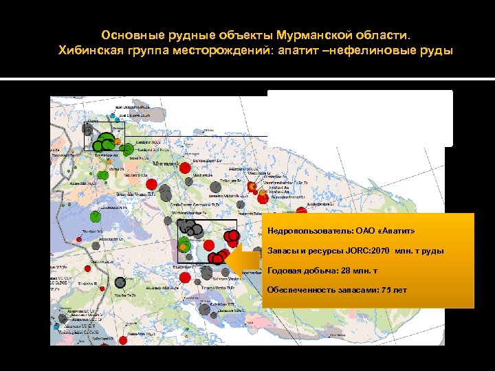 Основные рудные объекты Мурманской области. Хибинская группа месторождений: апатит –нефелиновые руды Недропользователь: ОАО «Апатит»