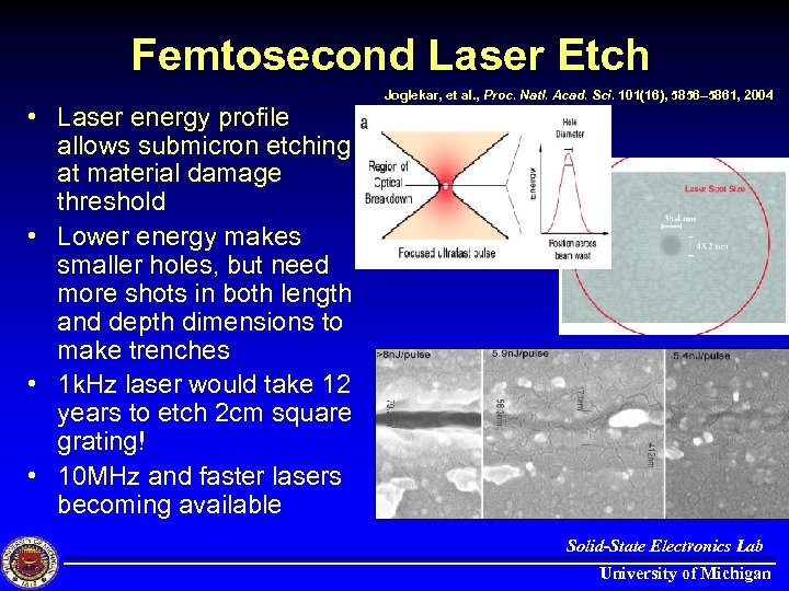 Femtosecond Laser Etch • Laser energy profile allows submicron etching at material damage threshold