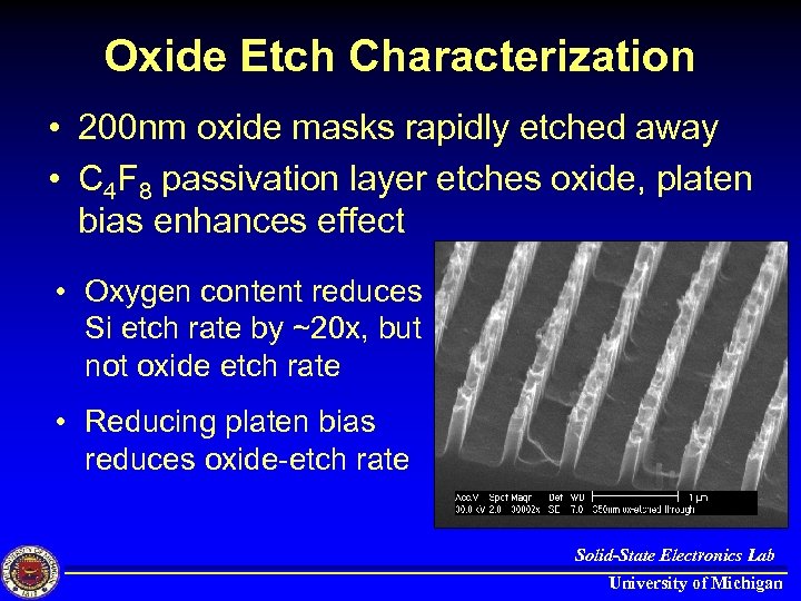 Oxide Etch Characterization • 200 nm oxide masks rapidly etched away • C 4