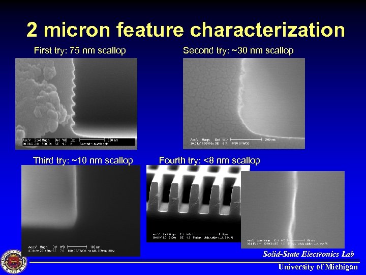 2 micron feature characterization First try: 75 nm scallop Third try: ~10 nm scallop