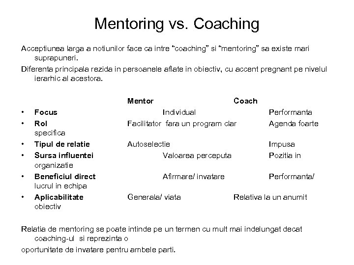Mentoring vs. Coaching Acceptiunea larga a notiunilor face ca intre “coaching” si “mentoring” sa