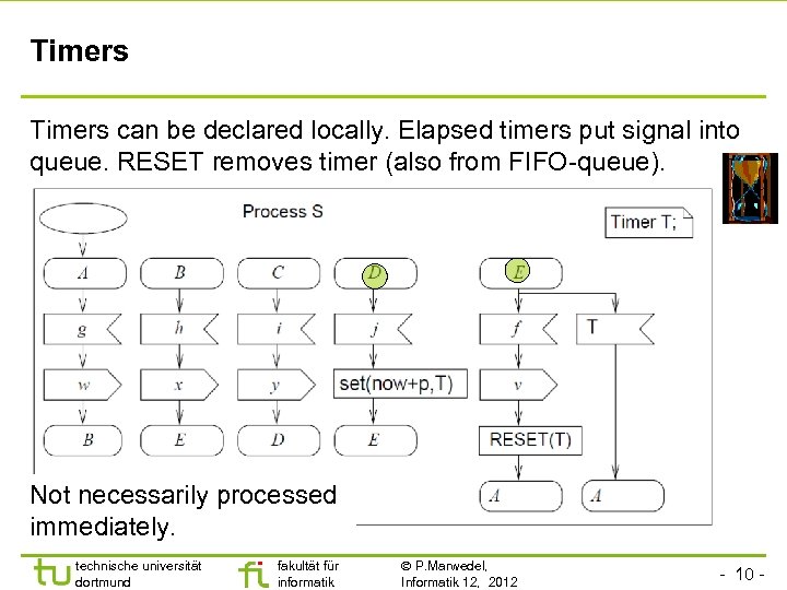 Timers can be declared locally. Elapsed timers put signal into queue. RESET removes timer