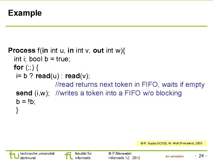 Example Process f(in int u, in int v, out int w){ int i; bool