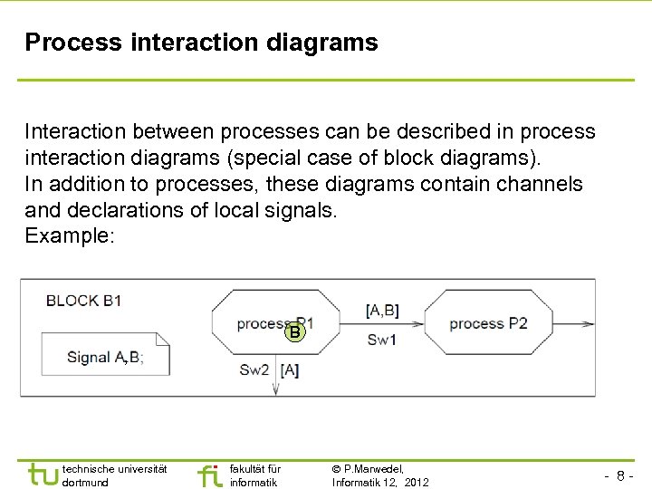 Process interaction diagrams Interaction between processes can be described in process interaction diagrams (special