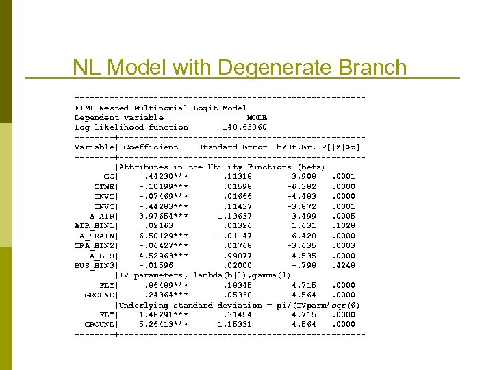NL Model with Degenerate Branch -----------------------------FIML Nested Multinomial Logit Model Dependent variable MODE Log
