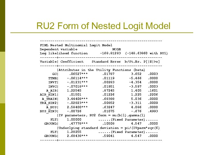 RU 2 Form of Nested Logit Model -----------------------------FIML Nested Multinomial Logit Model Dependent variable