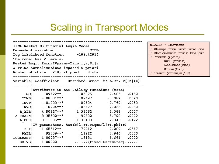 Scaling in Transport Modes -----------------------------FIML Nested Multinomial Logit Model Dependent variable MODE Log likelihood