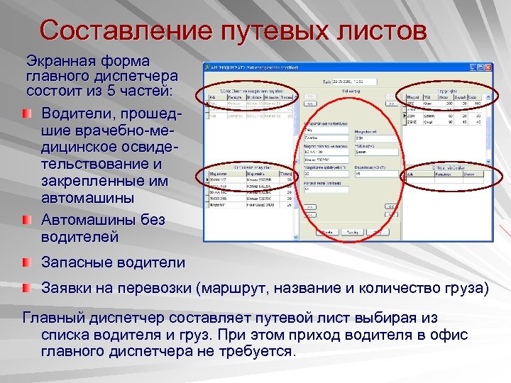 Составление путевых листов Экранная форма главного диспетчера состоит из 5 частей: Водители, прошедшие врачебно-медицинское
