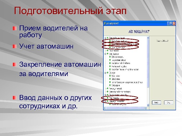 Подготовительный этап Прием водителей на работу Учет автомашин Закрепление автомашин за водителями Ввод данных