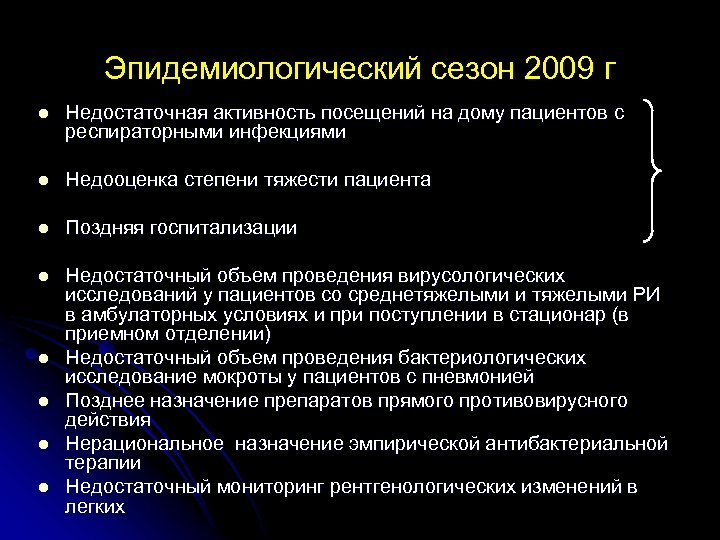 Эпидемиологический сезон 2009 г l Недостаточная активность посещений на дому пациентов с респираторными инфекциями