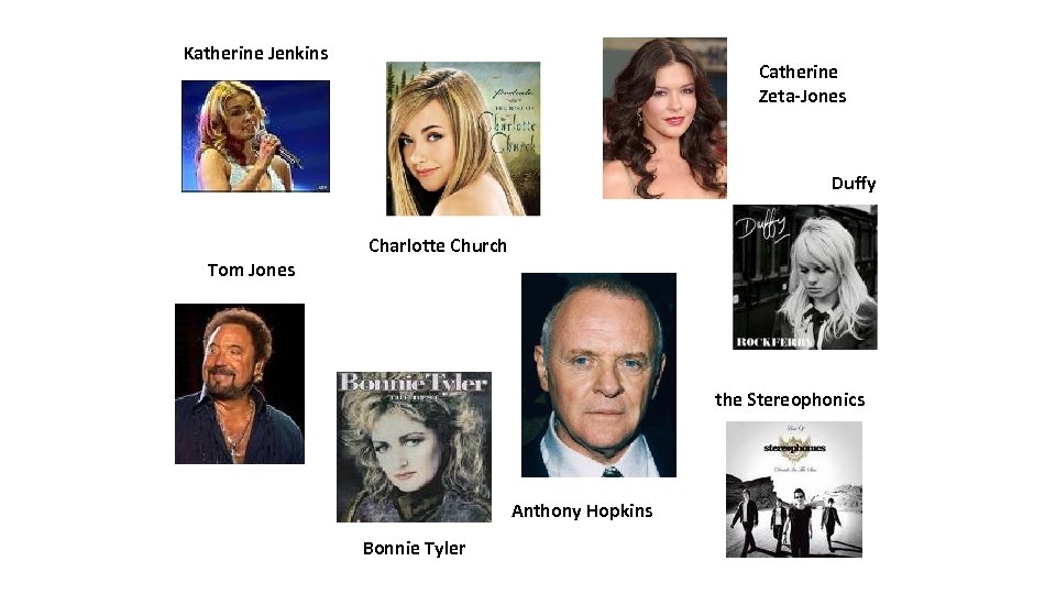 Katherine Jenkins Catherine Zeta-Jones Duffy Charlotte Church Tom Jones the Stereophonics Anthony Hopkins Bonnie