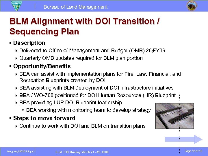 Bureau of Land Management BLM Alignment with DOI Transition / Sequencing Plan § Description