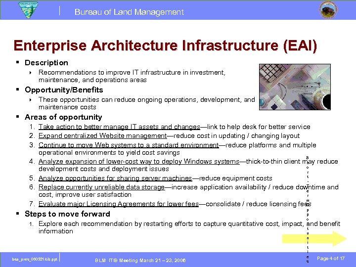 Bureau of Land Management Enterprise Architecture Infrastructure (EAI) § Description } Recommendations to improve