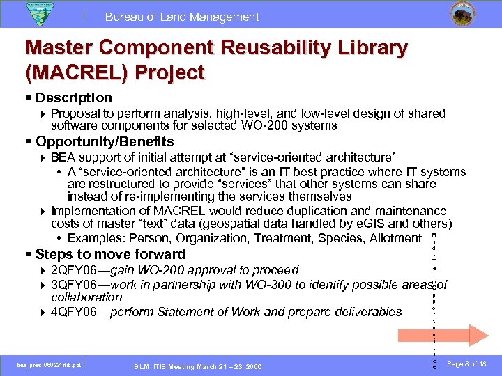 Bureau of Land Management Master Component Reusability Library (MACREL) Project § Description } Proposal