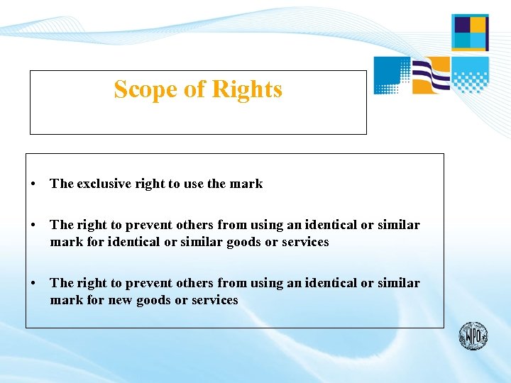 Scope of Rights • The exclusive right to use the mark • The right