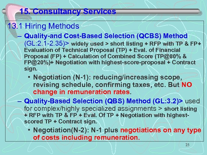 15. Consultancy Services 13. 1 Hiring Methods – Quality-and Cost-Based Selection (QCBS) Method (GL: