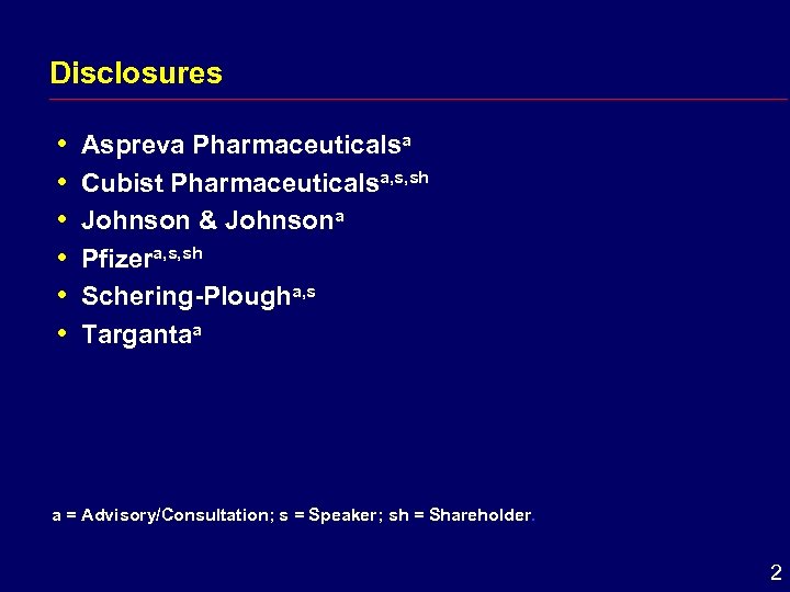 Disclosures i i i Aspreva Pharmaceuticalsa Cubist Pharmaceuticalsa, s, sh Johnson & Johnsona Pfizera,