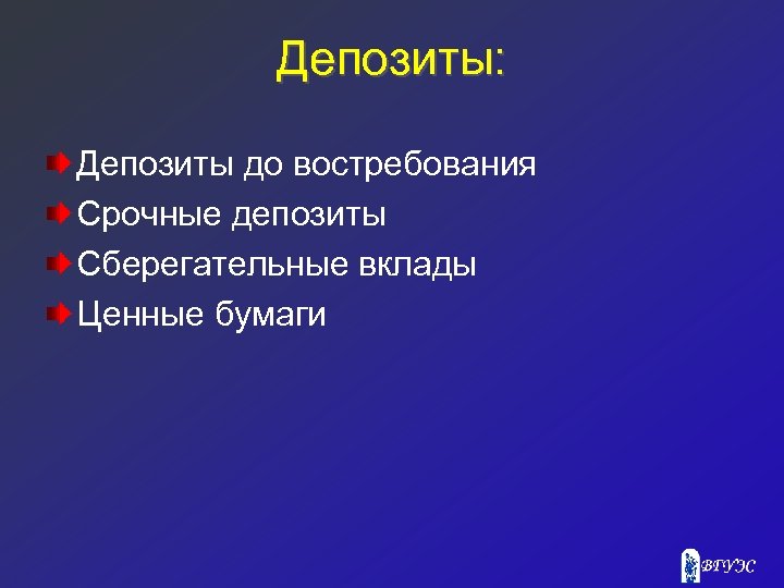 Депозиты: Депозиты до востребования Срочные депозиты Сберегательные вклады Ценные бумаги 