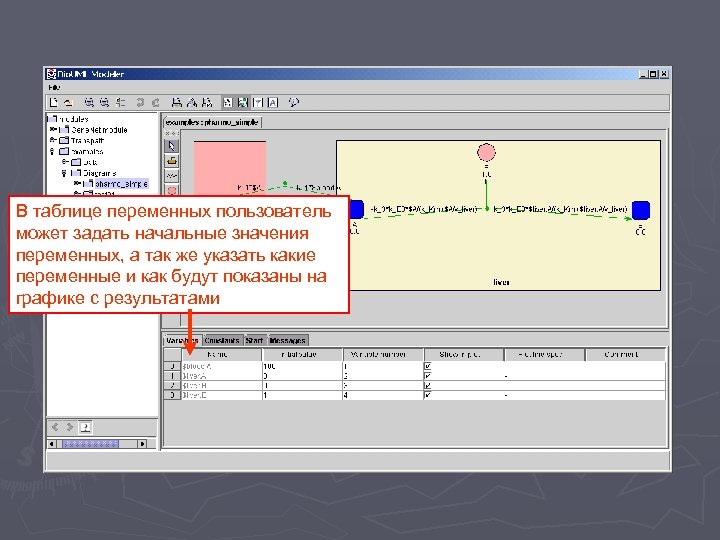 В таблице переменных пользователь может задать начальные значения переменных, а так же указать какие