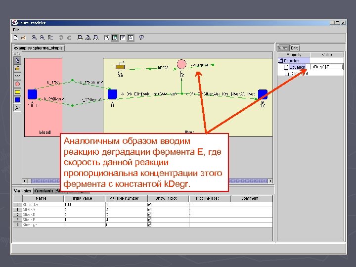 Аналогичным образом вводим реакцию деградации фермента E, где скорость данной реакции пропорциональна концентрации этого