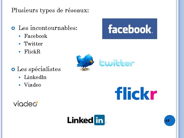 Plusieurs types de réseaux: Les incontournables: Facebook § Twitter § Flick. R § Les