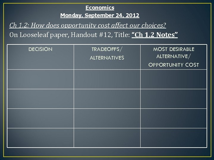 Economics Monday, September 24, 2012 Ch 1. 2: How does opportunity cost affect our