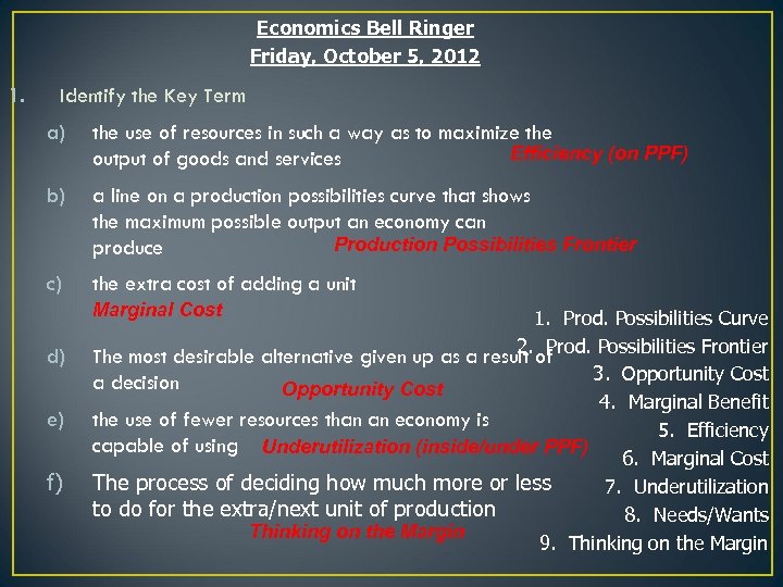 Economics Bell Ringer Friday, October 5, 2012 1. Identify the Key Term a) the