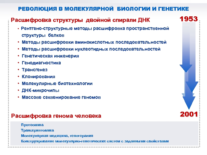 РЕВОЛЮЦИЯ В МОЛЕКУЛЯРНОЙ БИОЛОГИИ И ГЕНЕТИКЕ Расшифровка структуры двойной спирали ДНК 1953 • Рентгено-структурные