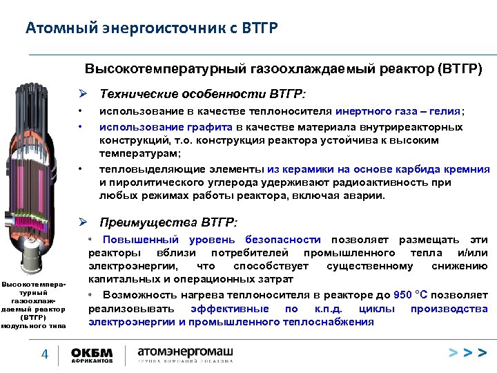 Атомный энергоисточник с ВТГР Высокотемпературный газоохлаждаемый реактор (ВТГР) Ø Технические особенности ВТГР: • •