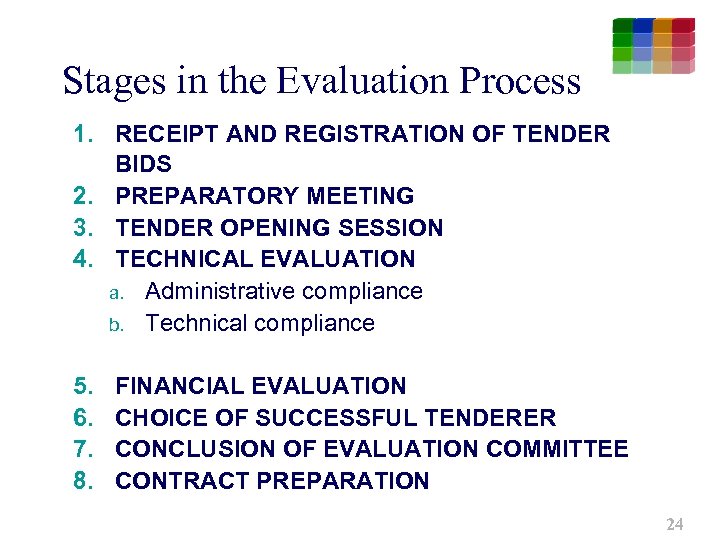 Stages in the Evaluation Process 1. RECEIPT AND REGISTRATION OF TENDER BIDS 2. PREPARATORY