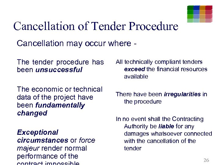 Cancellation of Tender Procedure Cancellation may occur where The tender procedure has been unsuccessful