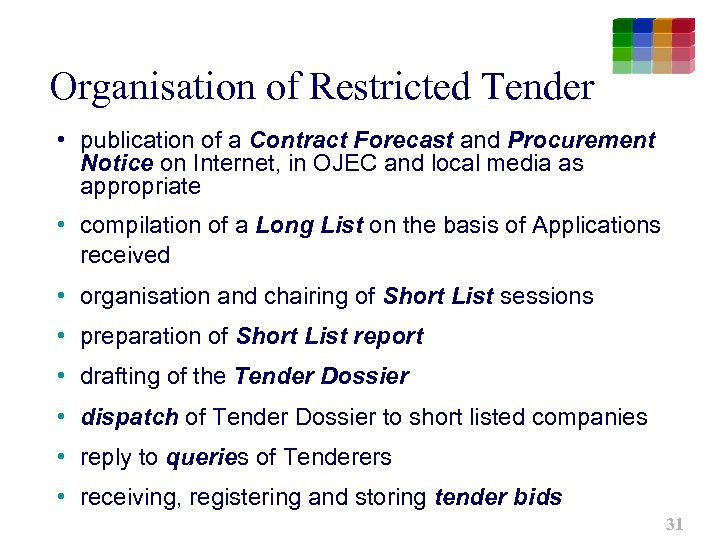 Organisation of Restricted Tender • publication of a Contract Forecast and Procurement Notice on