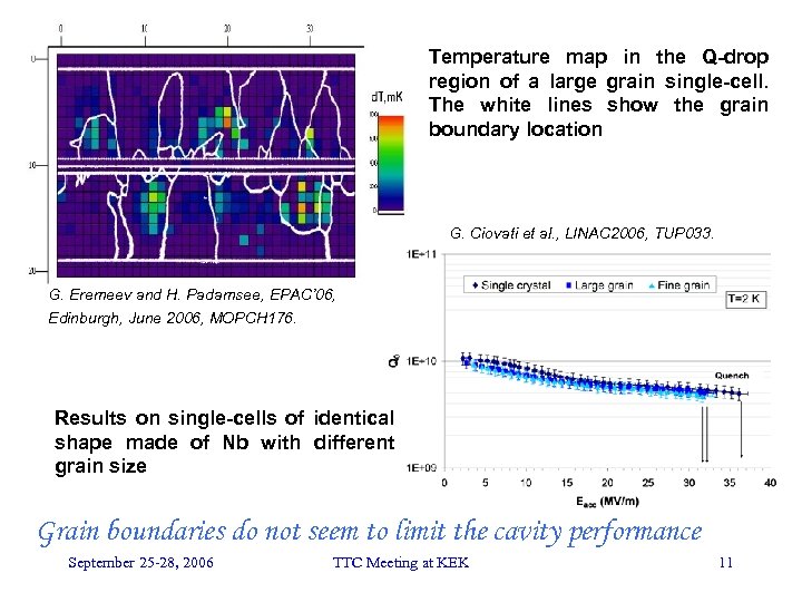 Temperature map in the Q-drop region of a large grain single-cell. The white lines