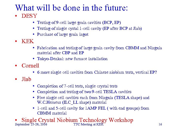 What will be done in the future: • DESY • Testing of 9 -cell