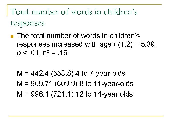 Total number of words in children’s responses n The total number of words in