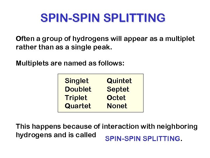 SPIN-SPIN SPLITTING Often a group of hydrogens will appear as a multiplet rather than