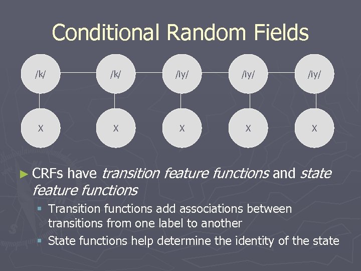 Conditional Random Fields /k/ /iy/ X X X ► CRFs have transition feature functions