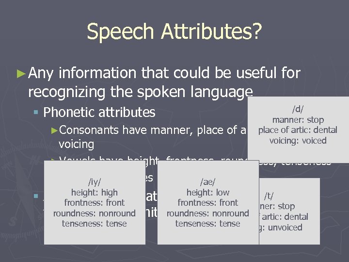Speech Attributes? ► Any information that could be useful for recognizing the spoken language