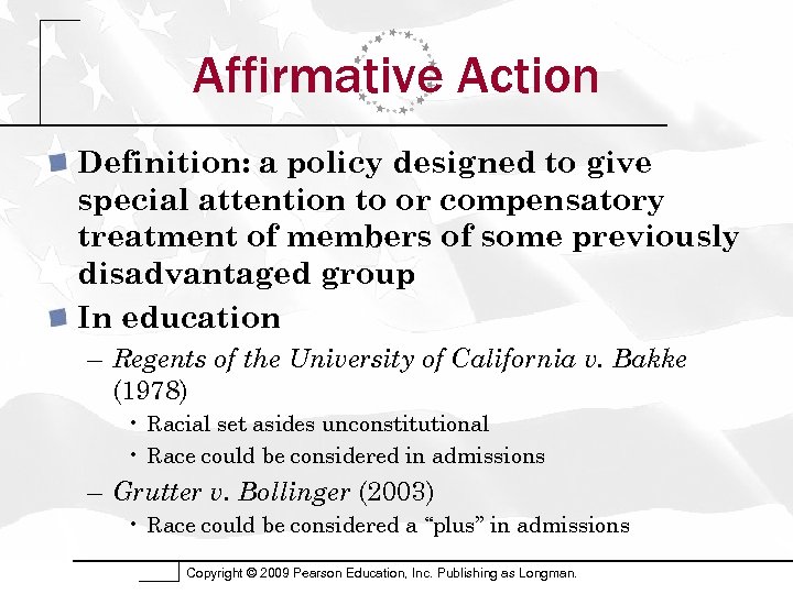 Affirmative Action Definition: a policy designed to give special attention to or compensatory treatment