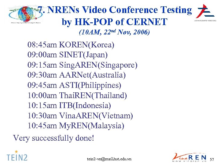 7. NRENs Video Conference Testing by HK-POP of CERNET (10 AM, 22 nd Nov,