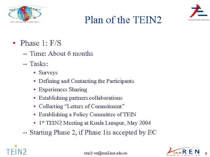 Plan of the TEIN 2 • Phase 1: F/S – Time: About 6 months