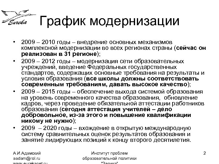 График модернизации • 2009 – 2010 годы – внедрение основных механизмов комплексной модернизации во